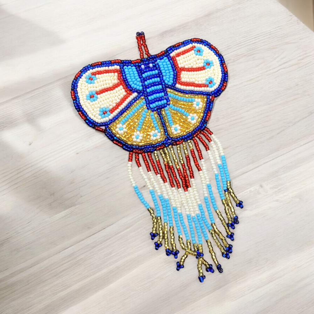 Butterfly Beaded Barrettes with Fringes Blue & White