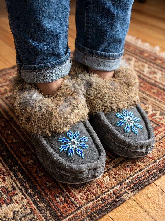 Grey Moccasins with Beadwork (Size 8)