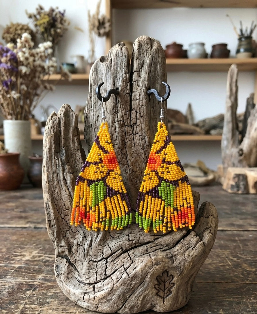 Flower Fringe Beaded Earrings (Mustard)