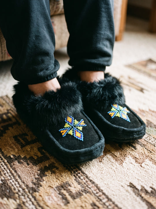 Black Moccasins with Beadwork (Size 10)