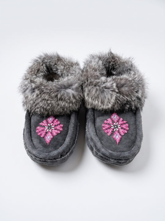 Grey Moccasins with Beadwork (Size 10)