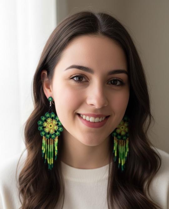 Green and gold Flower beaded Earrings