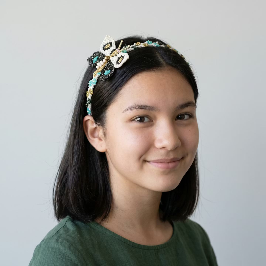 Beaded Headband with Butterfly Turquoise