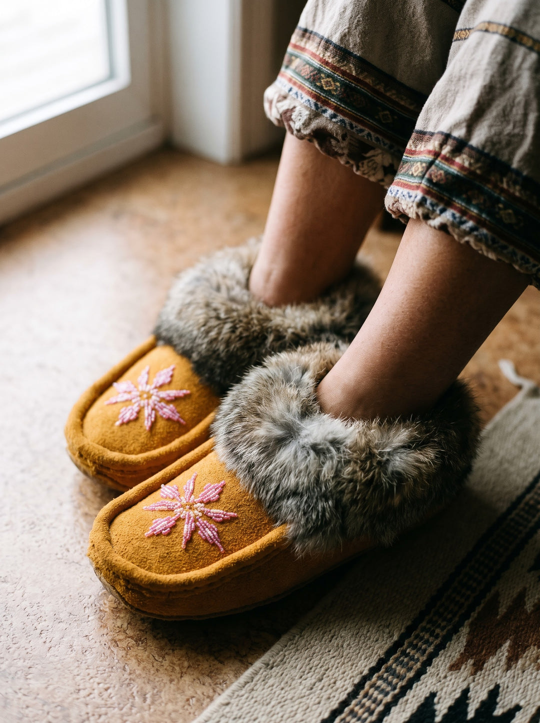 Yellow Moccasins with Beadwork (Size 8)