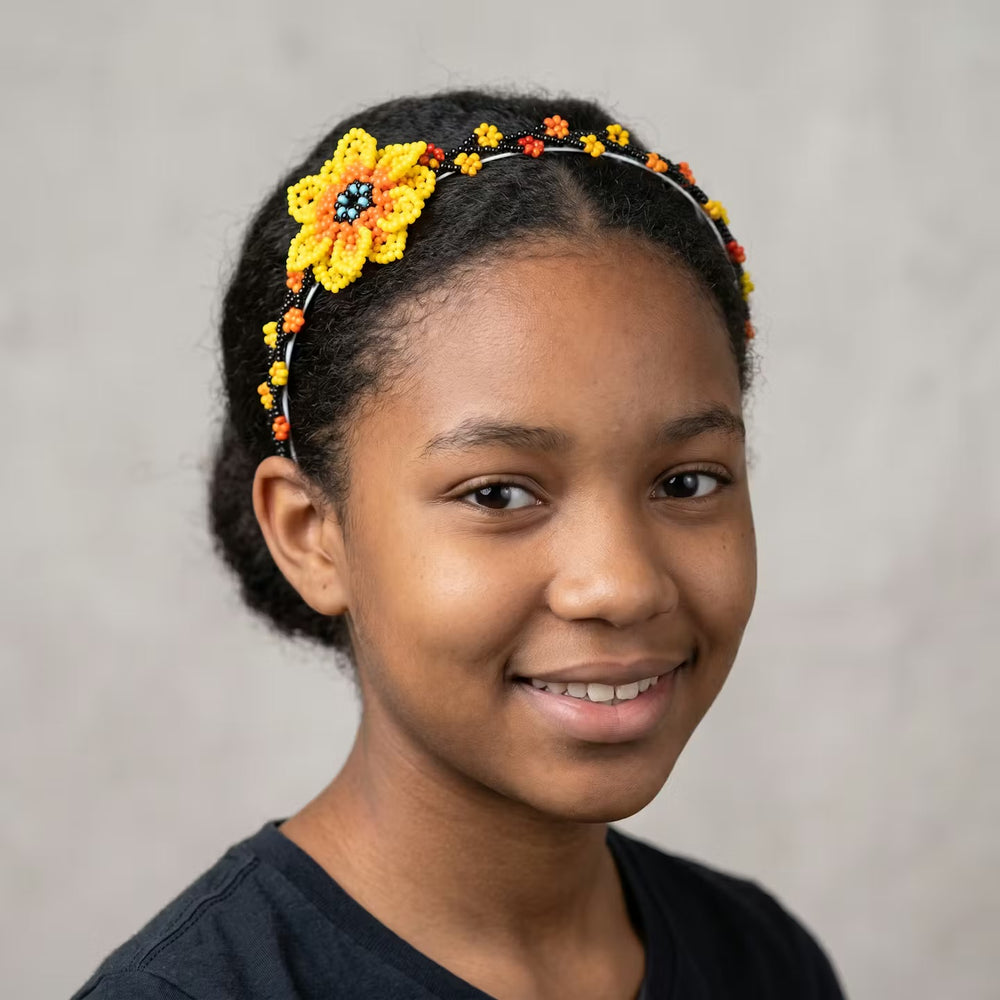 Beaded Headband with Flower Yellow