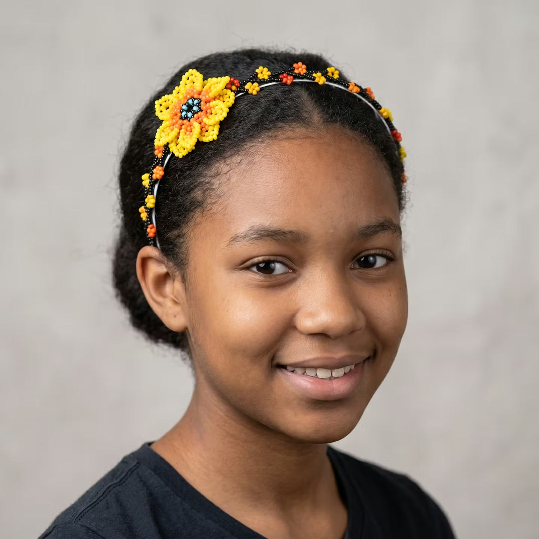 Beaded Headband with Flower Yellow