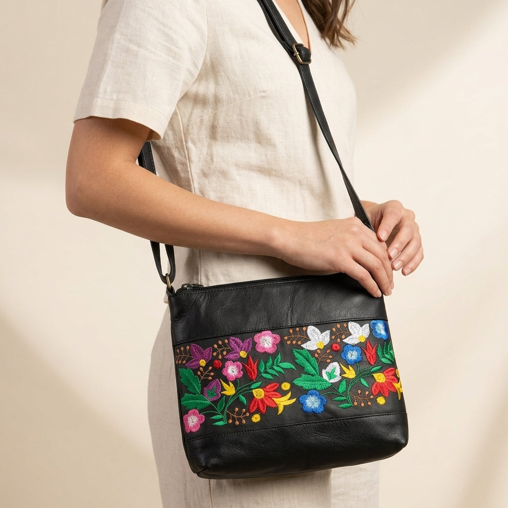 Windflower Embroidered Leather Crossbody Bag