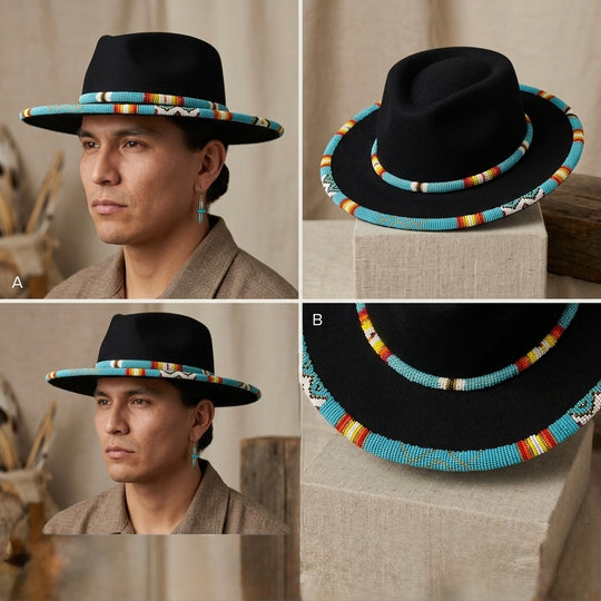 Size-62 Beaded Flat&amp;Circular Brim Felt Hat