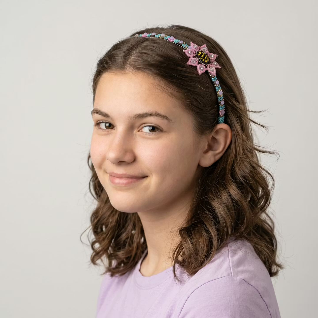 Beaded Headband with Flower Pink