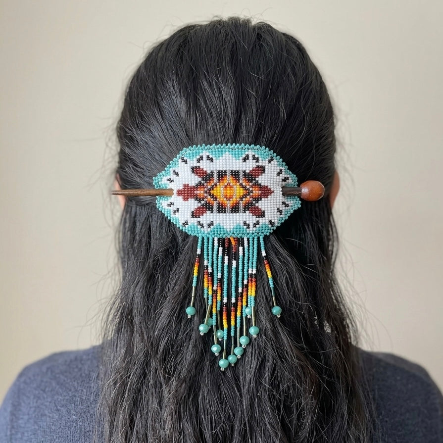 OLDTRIBES Fringed Beaded Barrette & Wooden Stick Turtle