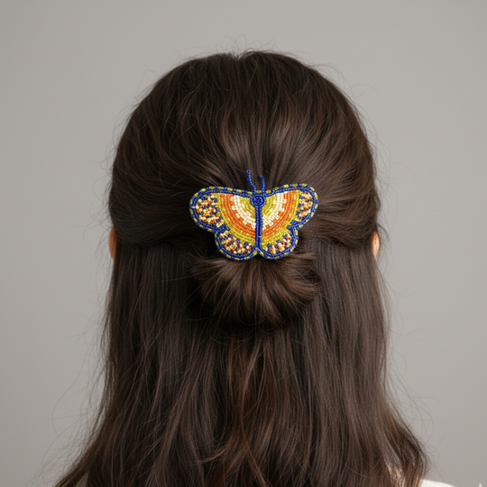 Blue and Neon Yellow Butterfly Beaded Barrette