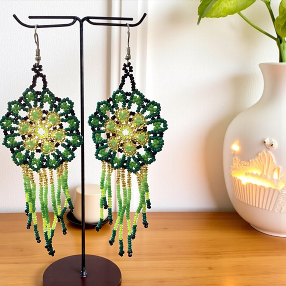 Green and gold Flower beaded Earrings