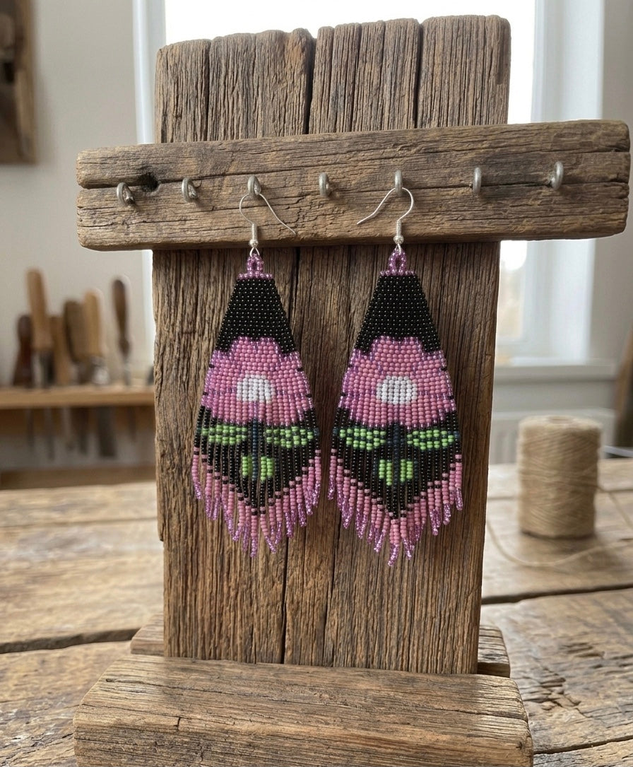Flower Beaded Earrings ( Pink )
