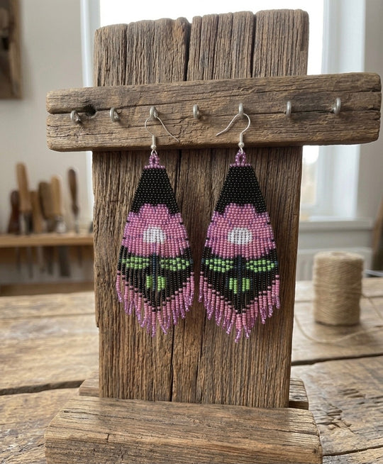 Flower Beaded Earrings ( Pink )