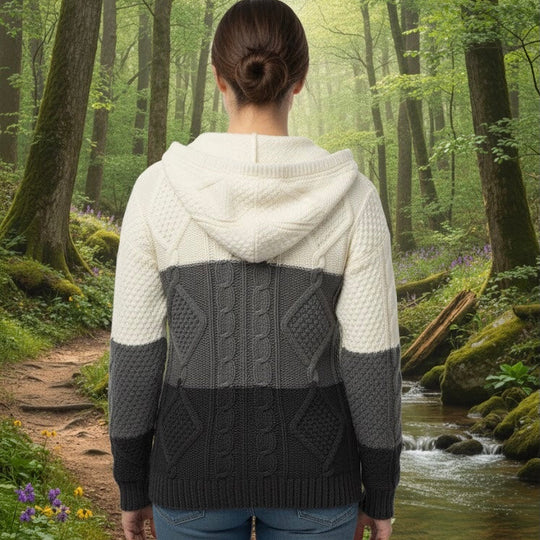Grey and White Cayambe Alpaca Cable Knit Sweater