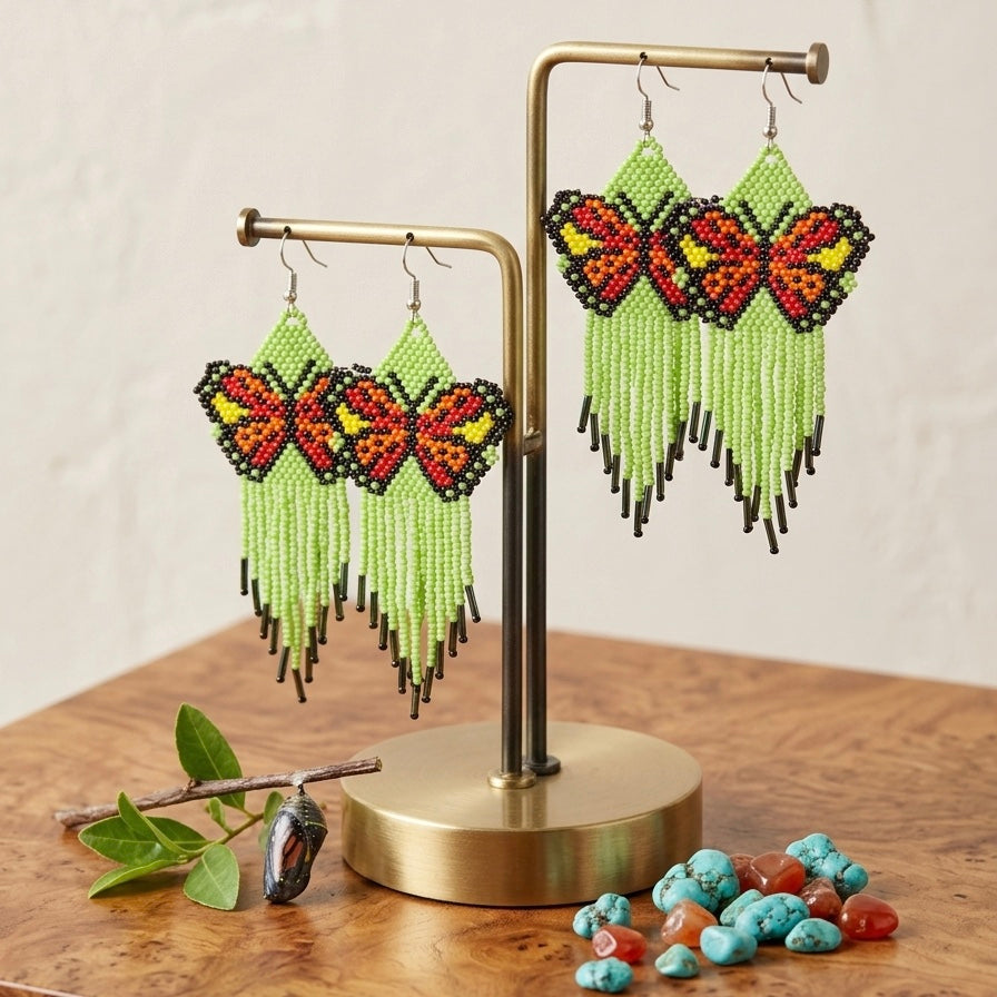 Green Beaded Dancing Wing Earrings