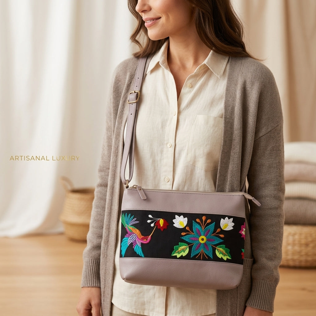 Hummingbird Embroidered Leather Crossbody Bag
