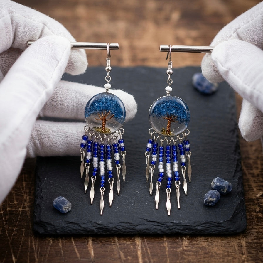 OLDTRIBES™ Tree of life Crushed Chip Stone blue  Earrings