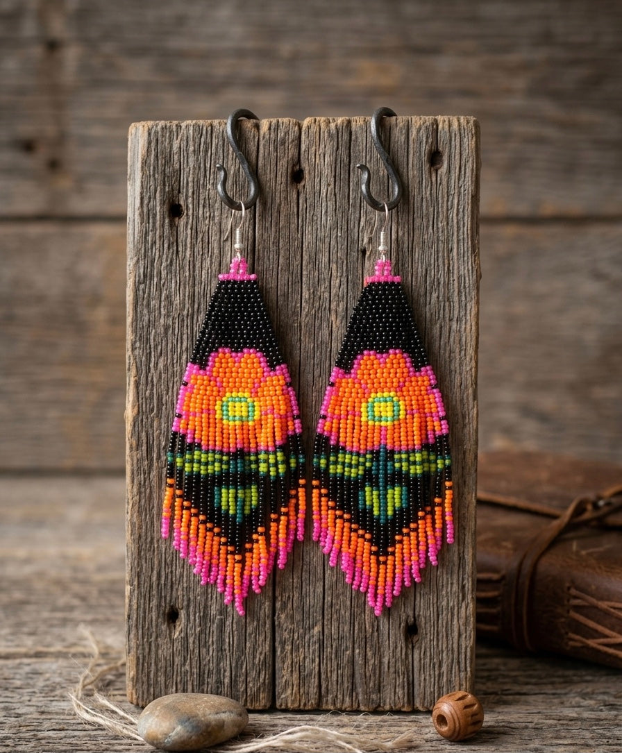 Flower Beaded Earrings ( Orange )