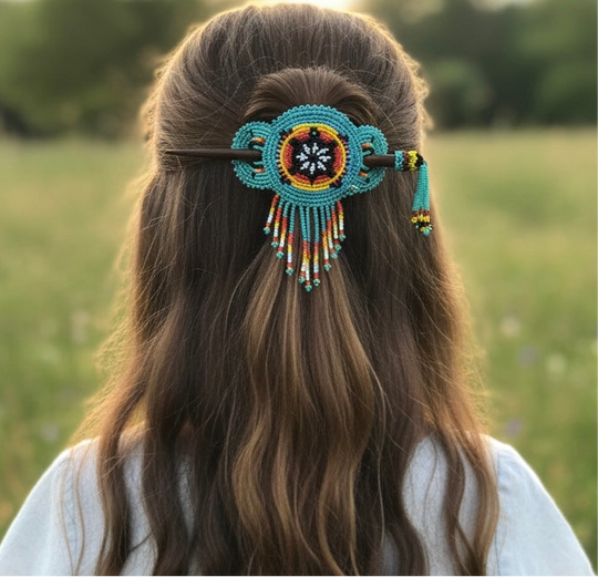 Fringed Beaded Barrette & Wooden Stick Turtle