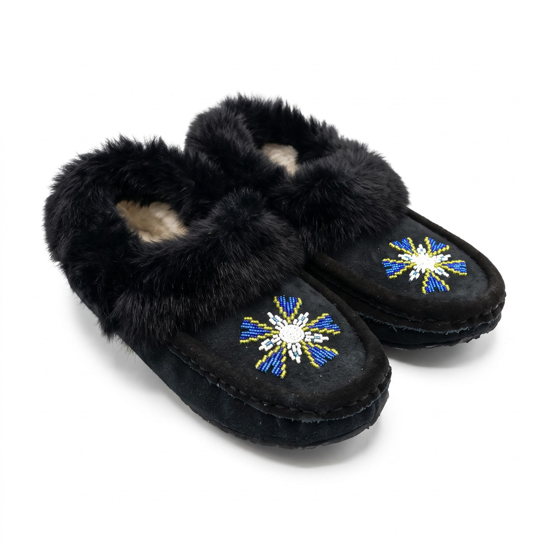 Black Moccasins with Beadwork (Size 10)