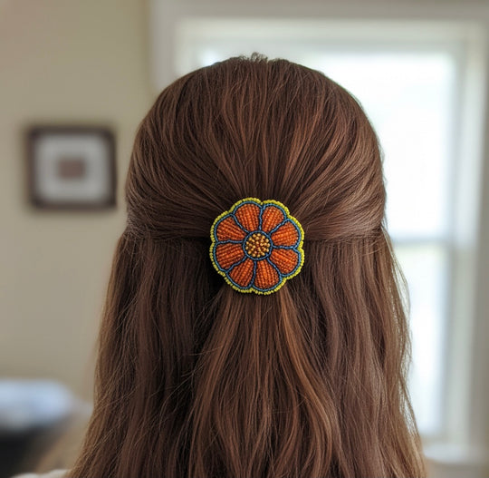 Orange Beaded Flower Barrette
