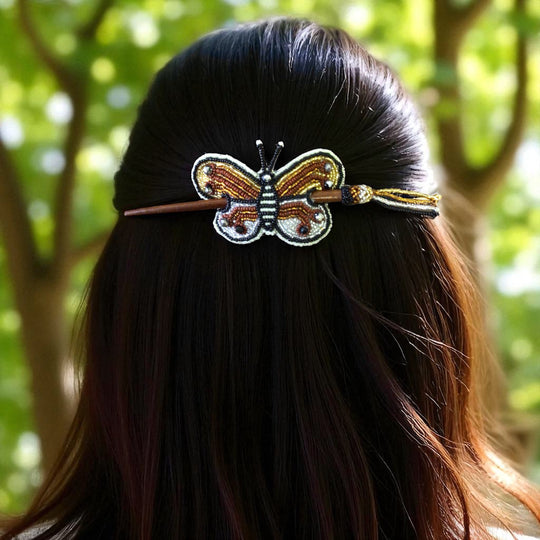 White black Handmade Beaded Butterfly Barrete