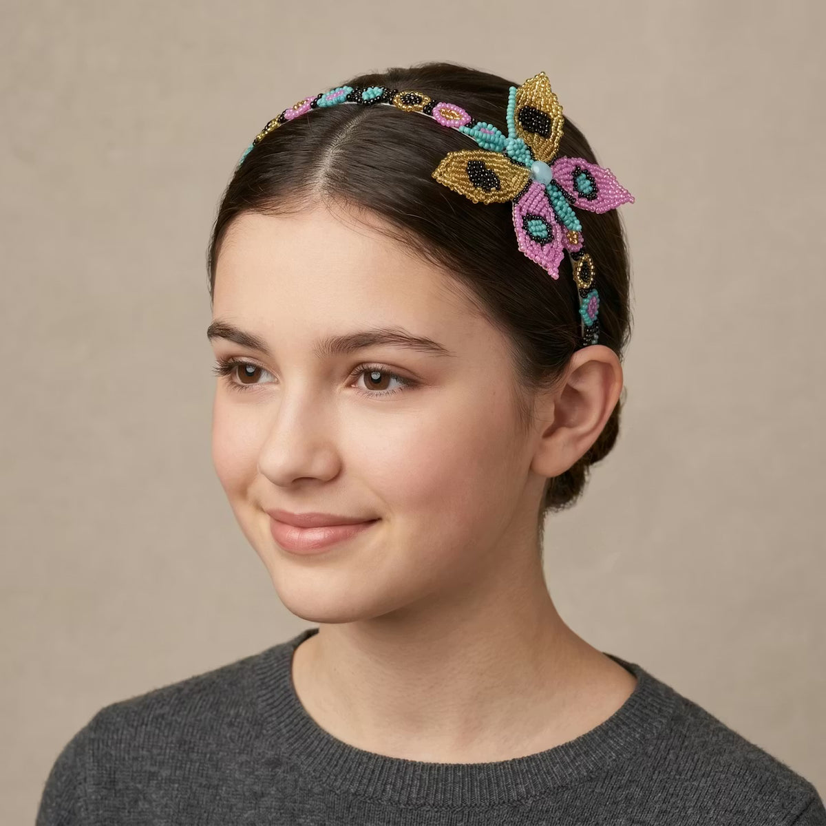 OLDTRIBES Beaded Headband with Butterfly Pink
