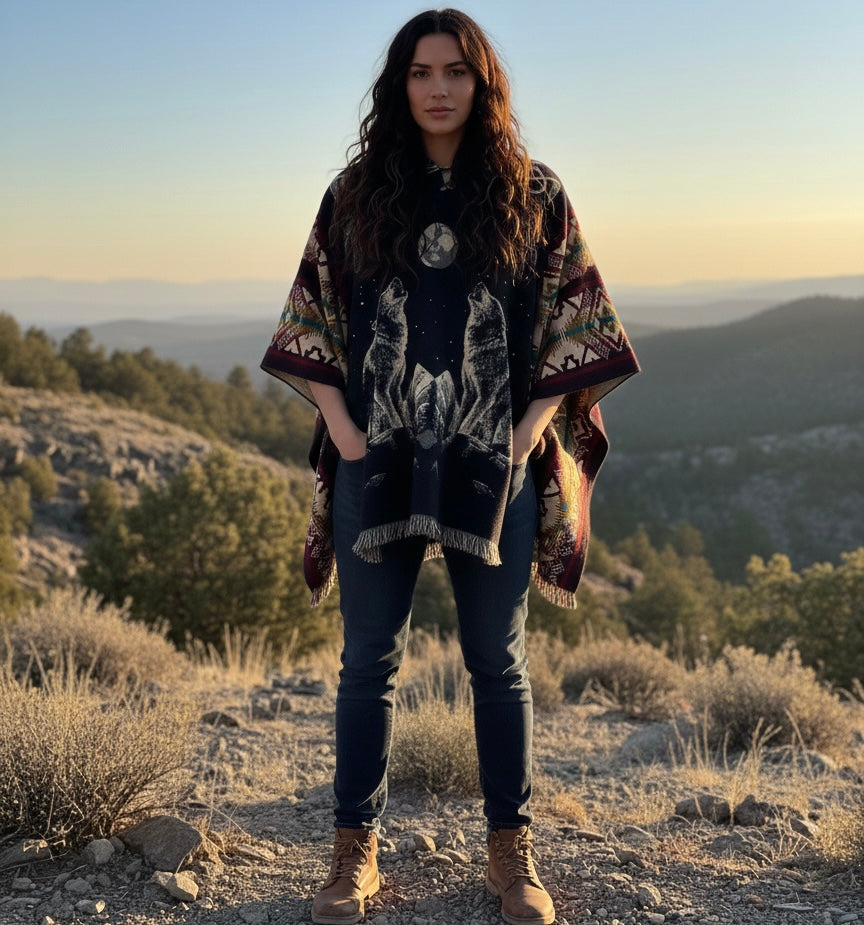 Howling wolf HandMade Wool Poncho