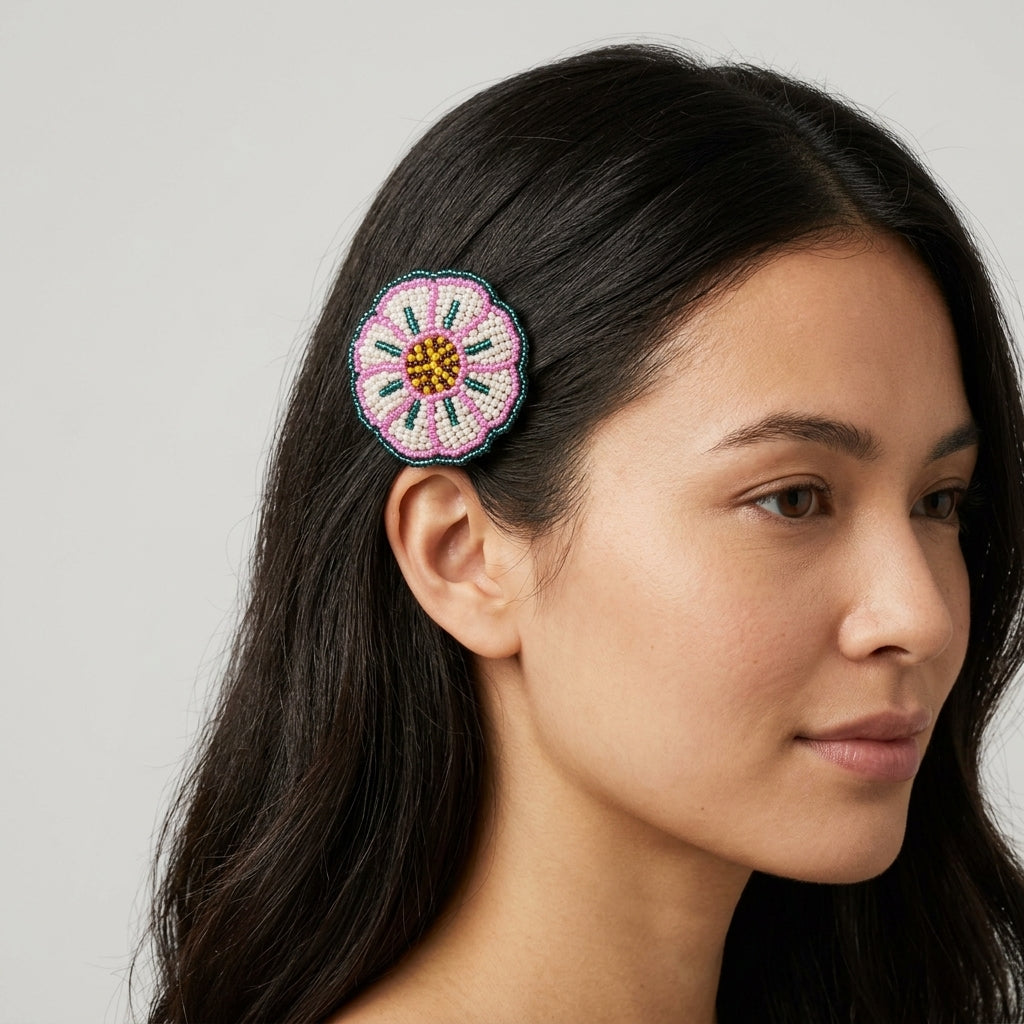 White Beaded Flower Barrette
