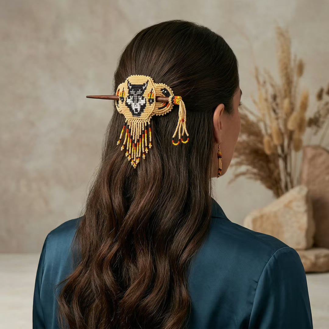 Wolf Fringed Beaded Barrette & Wooden Stick