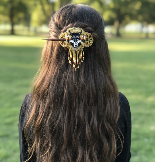 Wolf Fringed Beaded Barrette & Wooden Stick