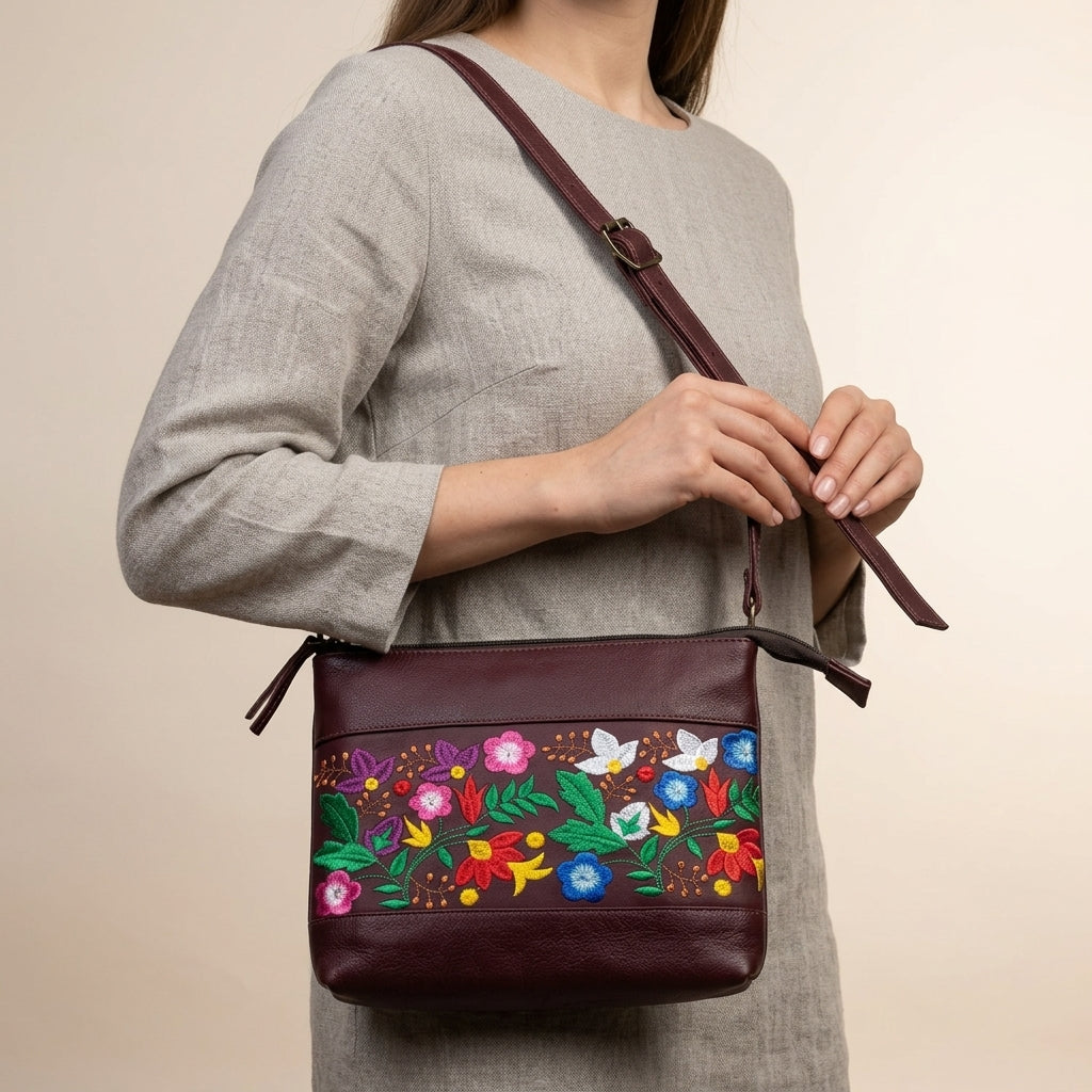 Windflower Embroidered Leather Crossbody Bag