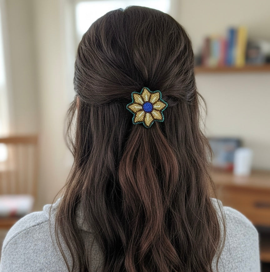 Golden Beaded Flower Barrette