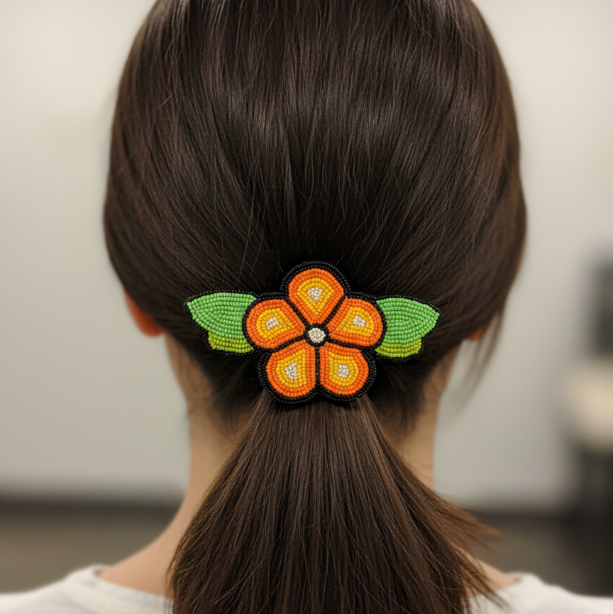 Orange and Yellow Beaded Flower Barrette