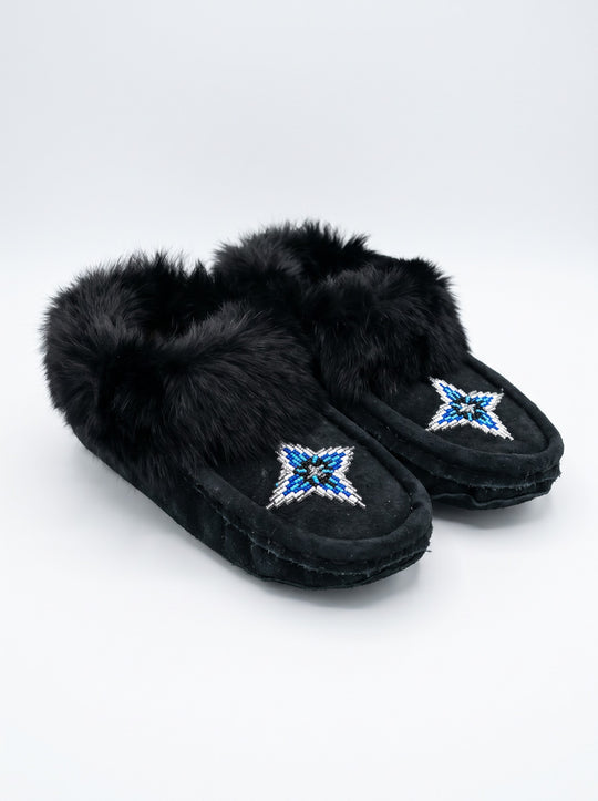 Black Moccasins with Beadwork (Size 8)