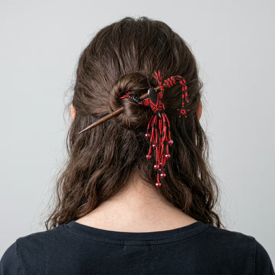 Red & Black Hummingbird Beaded Hair Stick