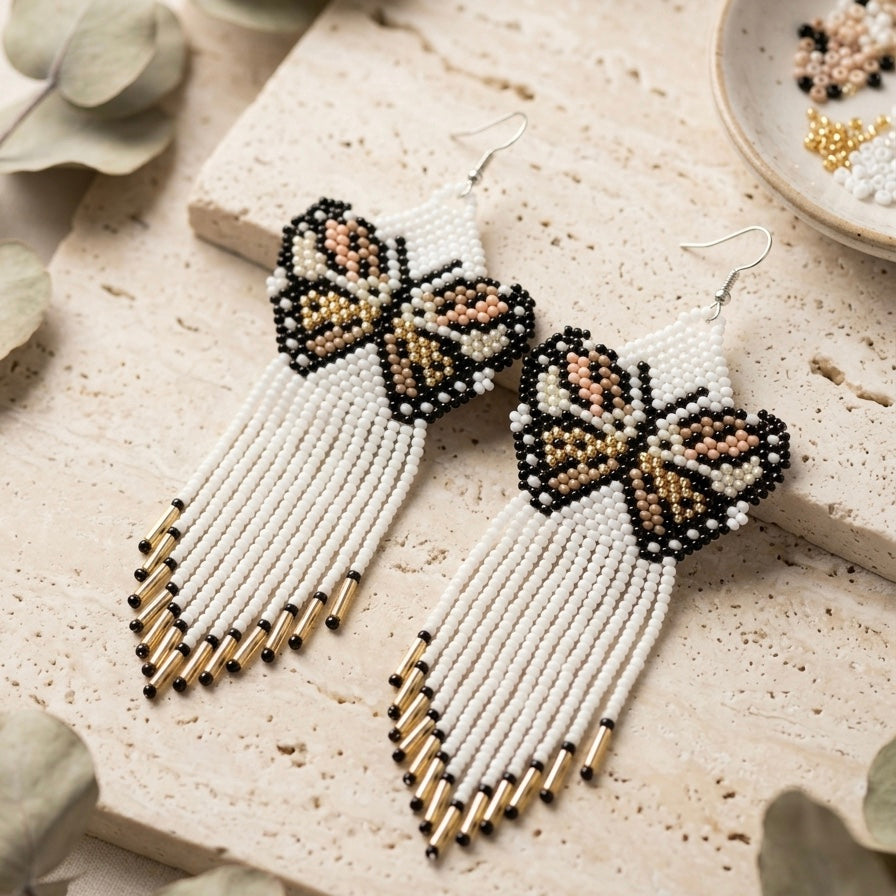 White Beaded Dancing Wing Earrings