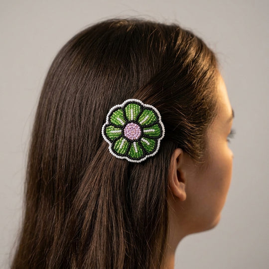 White Beaded Flower Barrette
