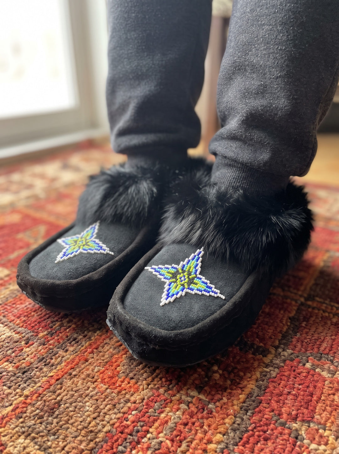 Black Moccasins with Beadwork (Size 10)