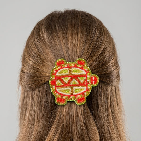 Beaded turtle Barrette Red accent