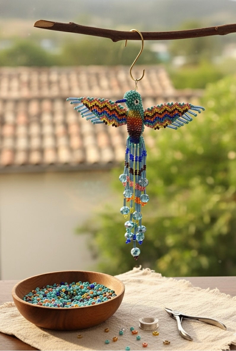 Turquoise and Neon Green Beaded HummingBird