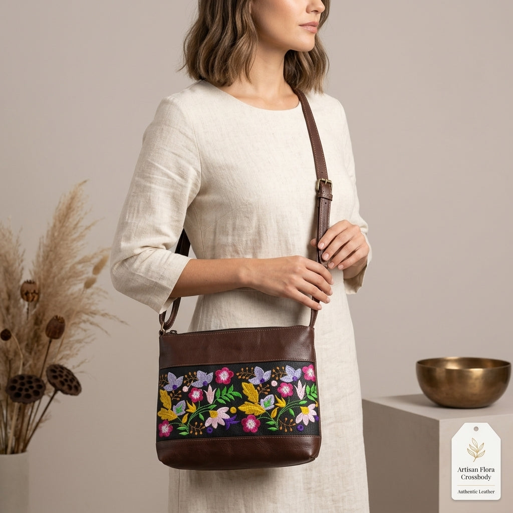 Windflower Embroidered Leather Crossbody Bag