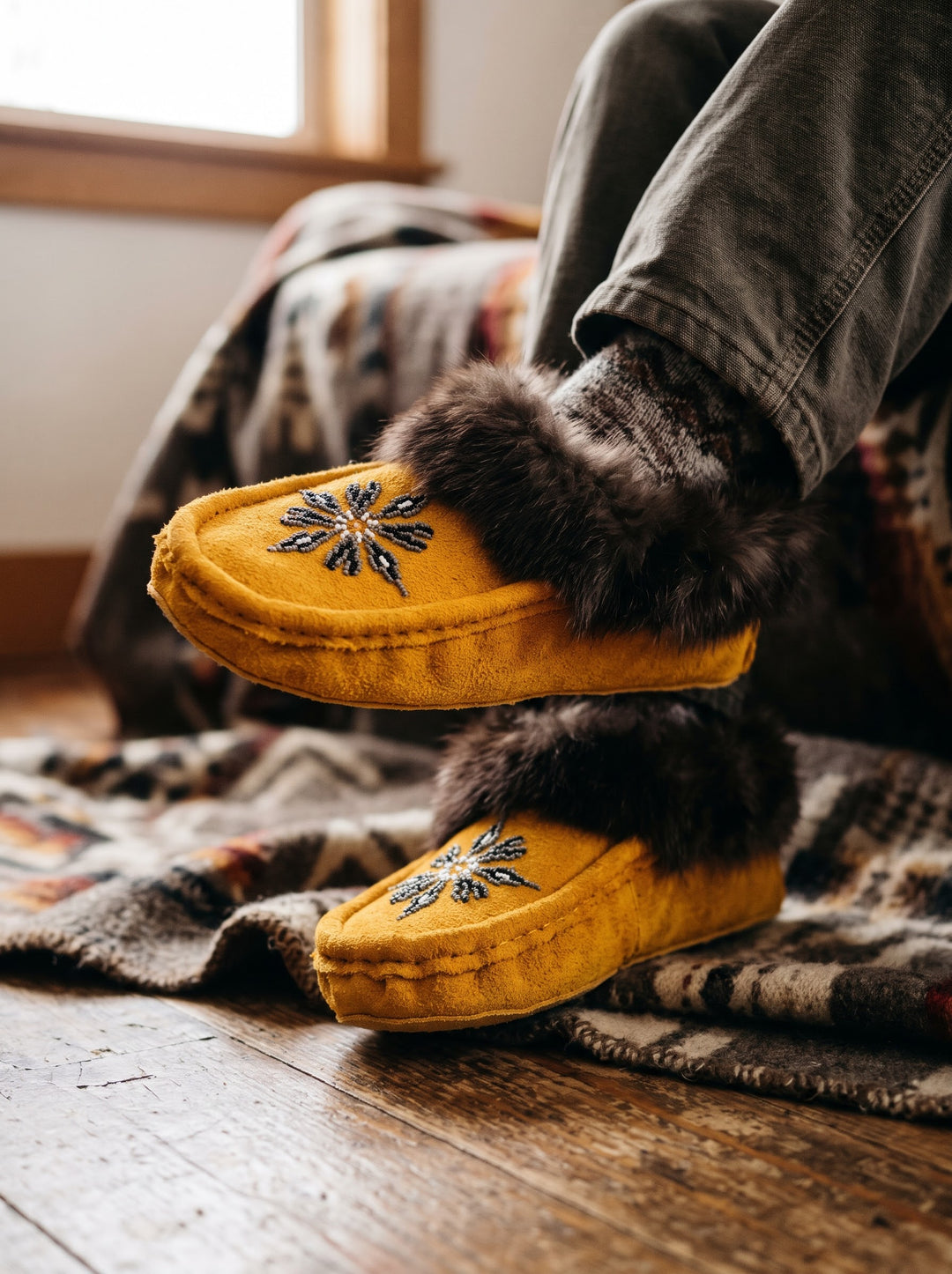 Yellow Moccasins with Beadwork (Size 10)