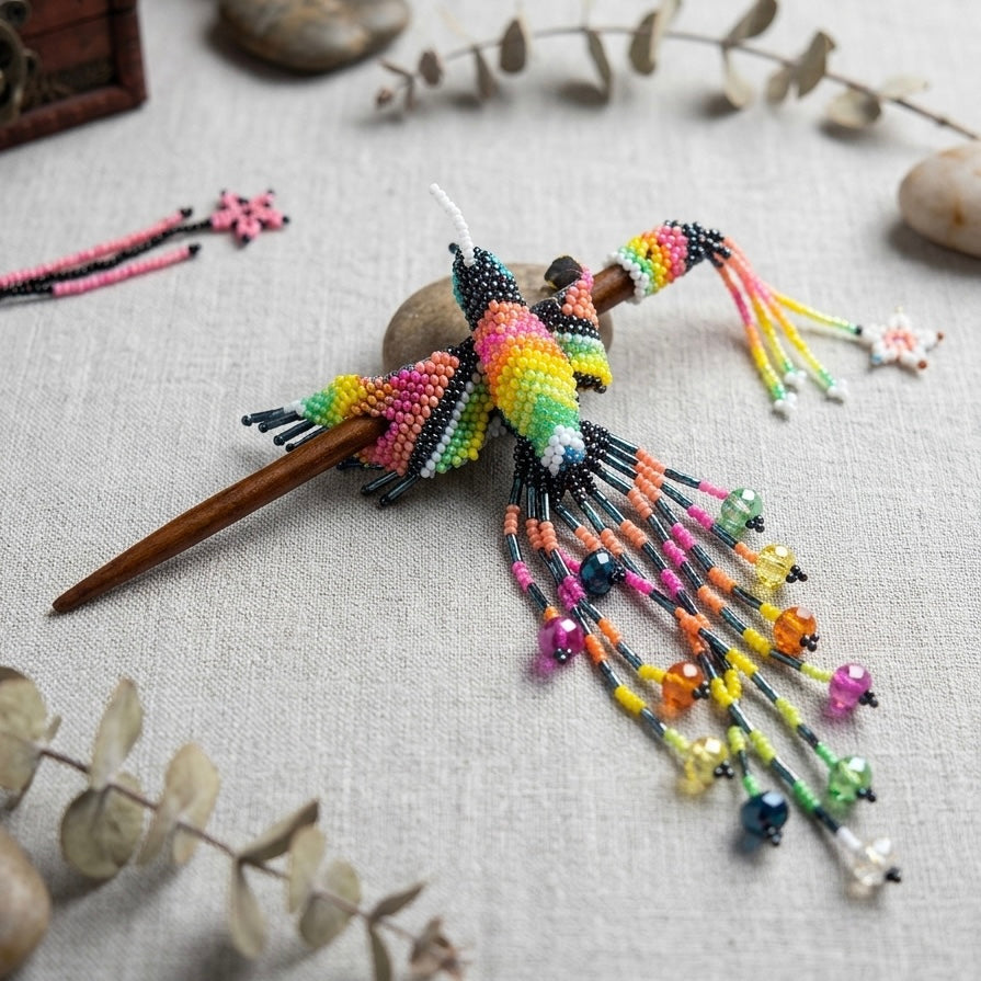 Navy Blue Hummingbird Beaded Hair Stick
