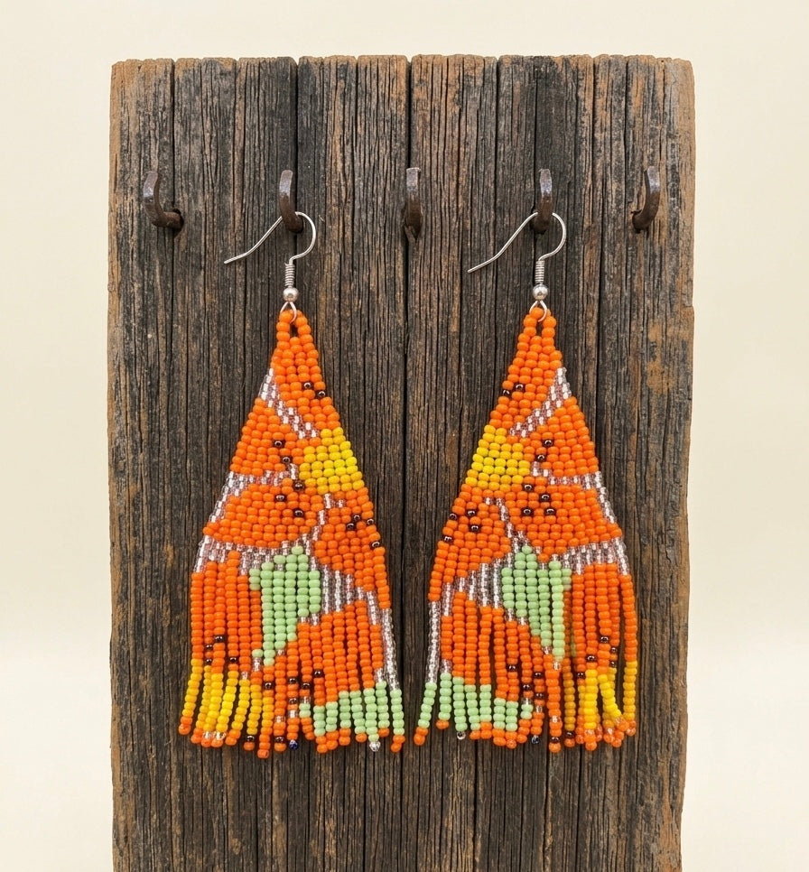Flower Fringe Beaded Earrings (Orange)