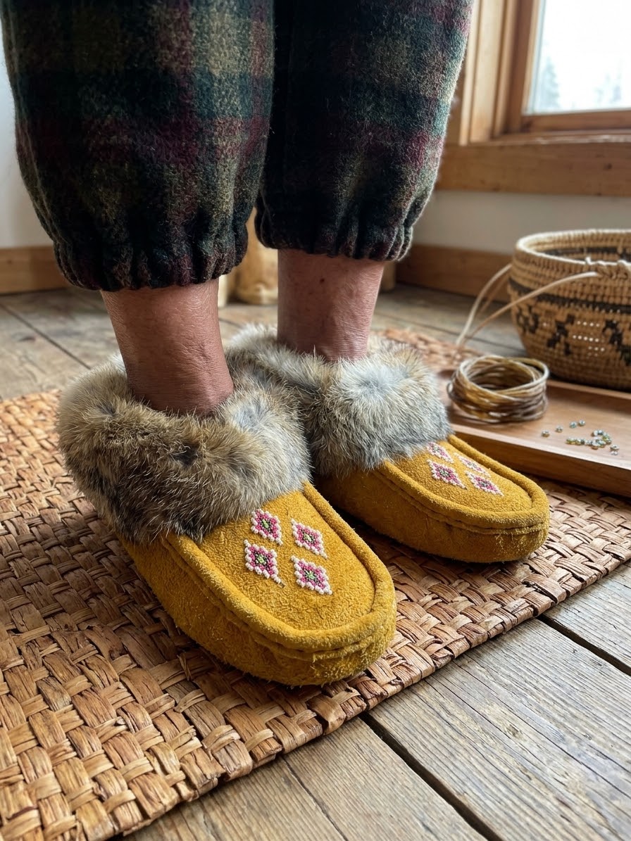 Yellow Moccasins with Beadwork (Size 7)