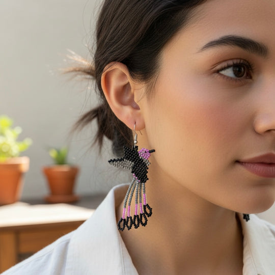 Handmade Beaded Hummingbird Earrings -& Purple and black