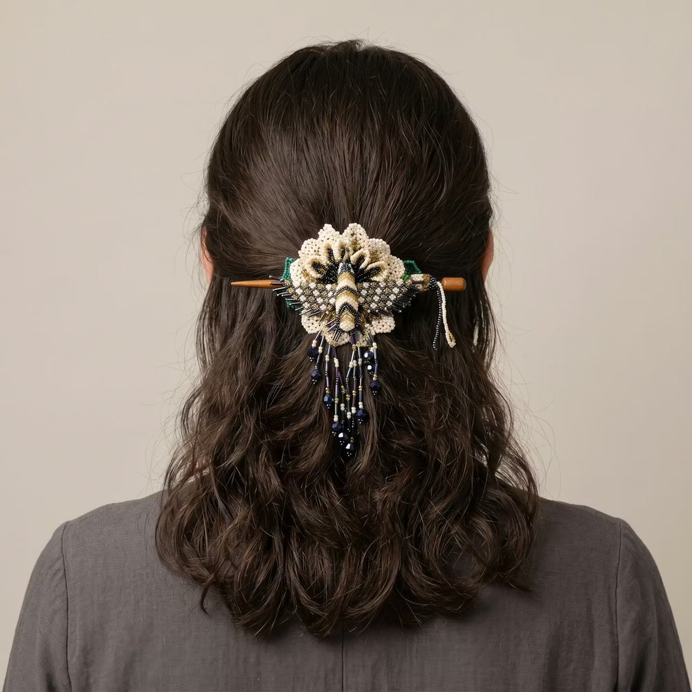 Maple Blossom Hummingbird Beaded Hair Stick Barrette White
