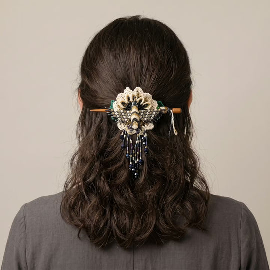 Maple Blossom Hummingbird Beaded Hair Stick Barrette White